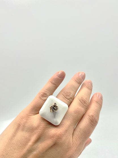 Artisanal ring silver bronze cement white