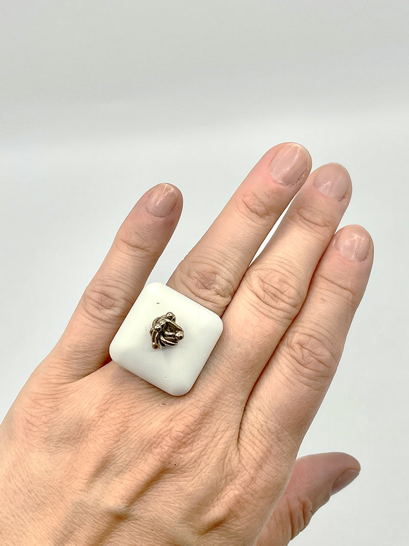 Artisanal ring silver bronze cement white