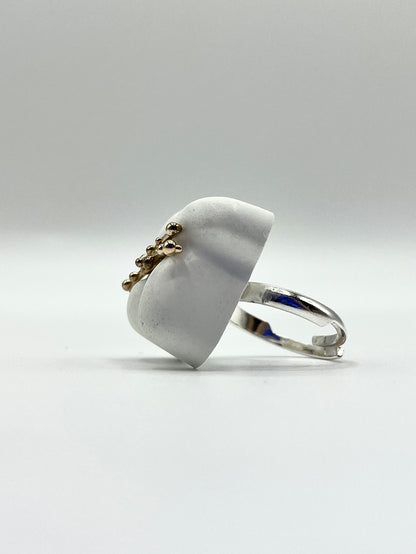 Artisanal ring silver bronze cement white