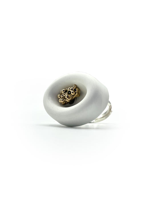 Artisanal ring silver bronze cement white