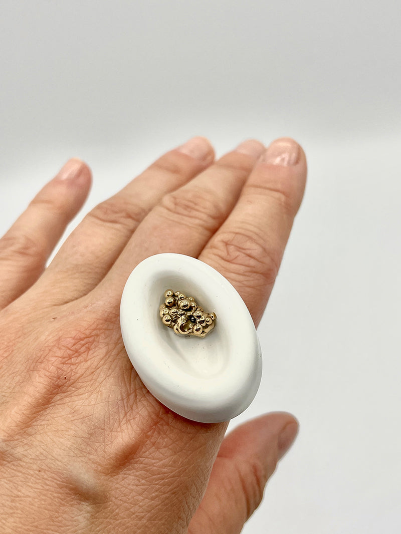 Artisanal ring silver bronze cement white