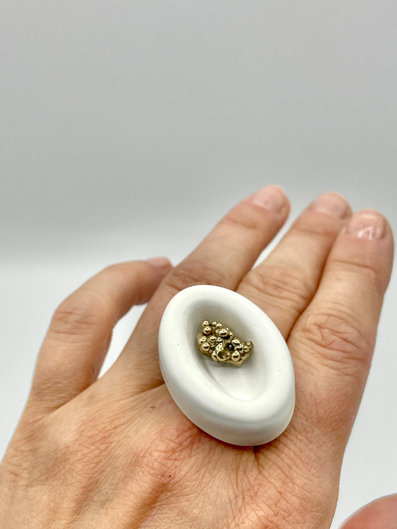 Artisanal ring silver bronze cement white