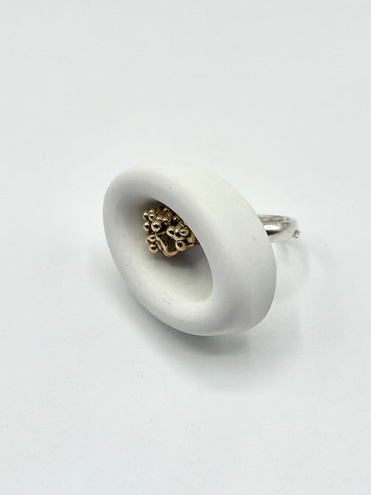 Artisanal ring silver bronze cement white