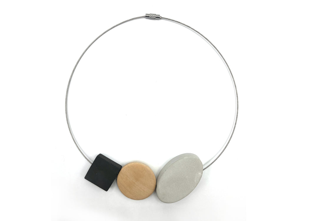 Black Square, Wood Disk and Cement Element Necklace